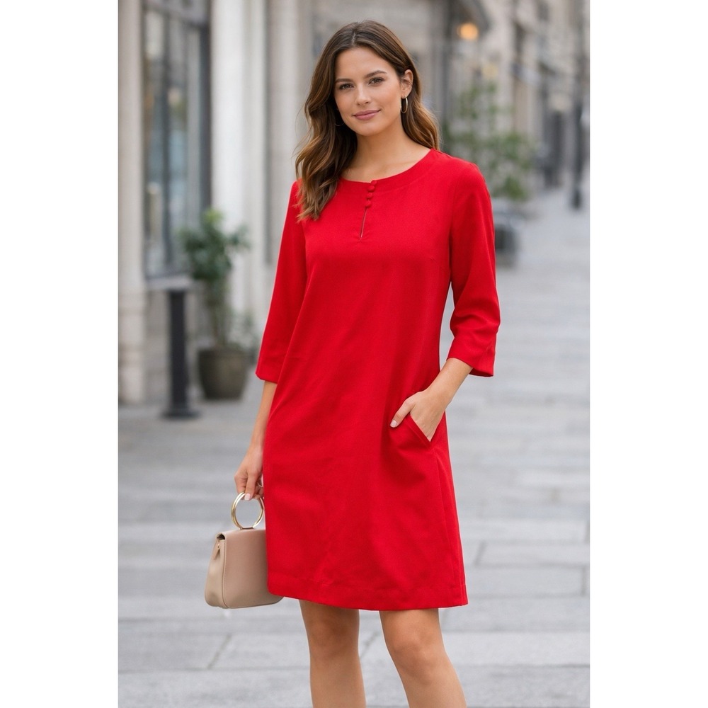 August Silk Red Silk Dress Size 12 Shift Tunic Pockets 3/4 Sleeve